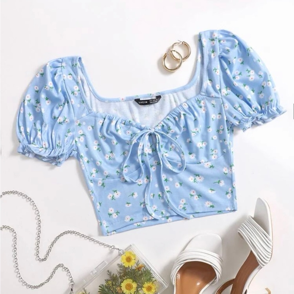 Shein, 4xl, light blue ditsy floral crop top